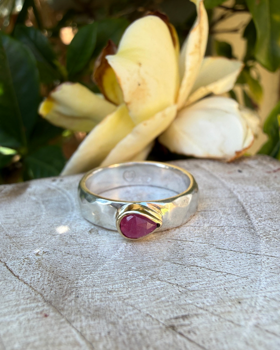 Tear Shaped Rose Cut Pink Ruby set in 9ct Gold - Sterling Silver Band