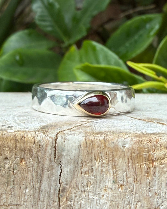 Hammered silver ring with Red Garnet set in 9ct yellow gold - Reserved