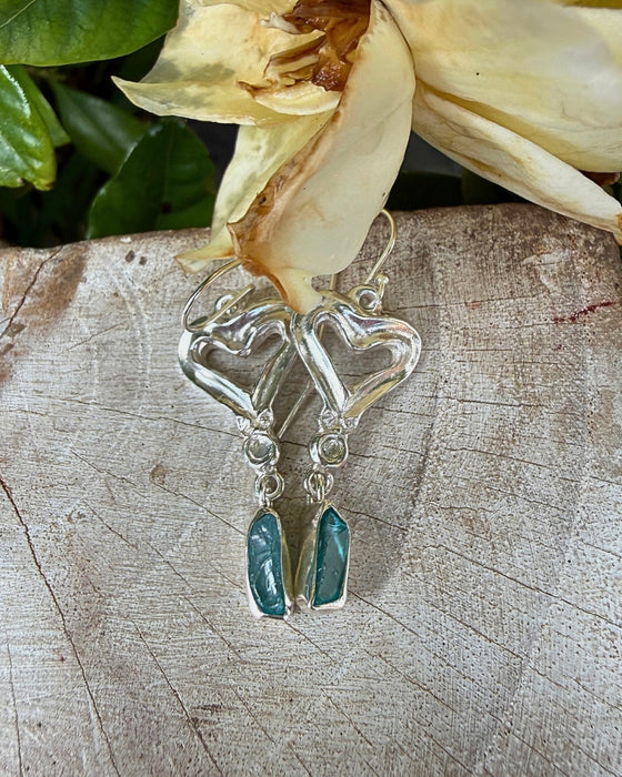 Heart Earrings with Raw Blue Apatite - Sterling Silver Heart Earrings