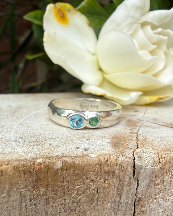 Treasure Ring - Organic Sterling Silver Band Set with Topaz and Emerald