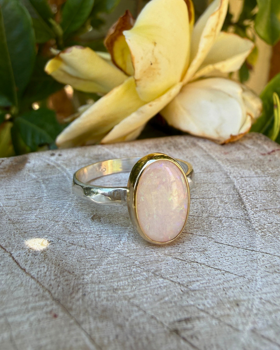 Oval Australian Opal Ring with Sterling Silver & 9ct Gold