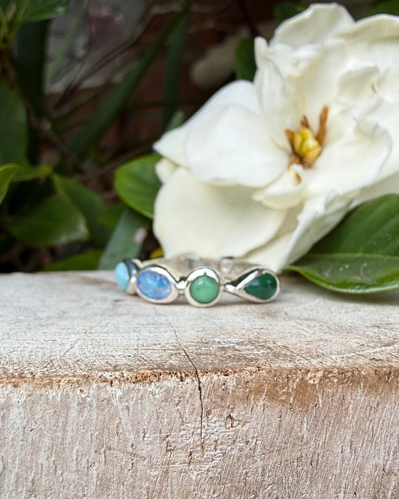 Acrostic ‘LOVE’ Ring – Larimar, Opal, Variscite & Emerald