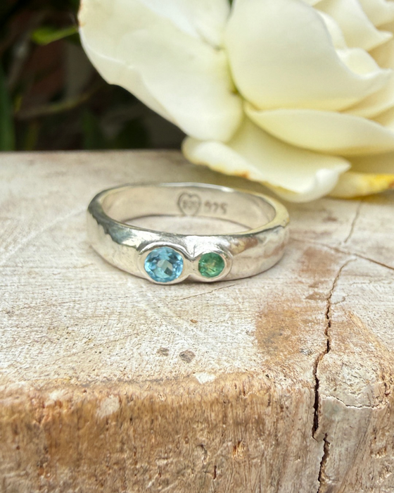 Treasure Ring - Organic Sterling Silver Band Set with Topaz and Emerald