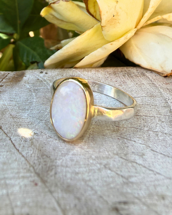 Oval Australian Opal Ring with Sterling Silver & 9ct Gold