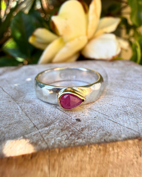 Tear Shaped Rose Cut Pink Ruby set in 9ct Gold - Sterling Silver Band