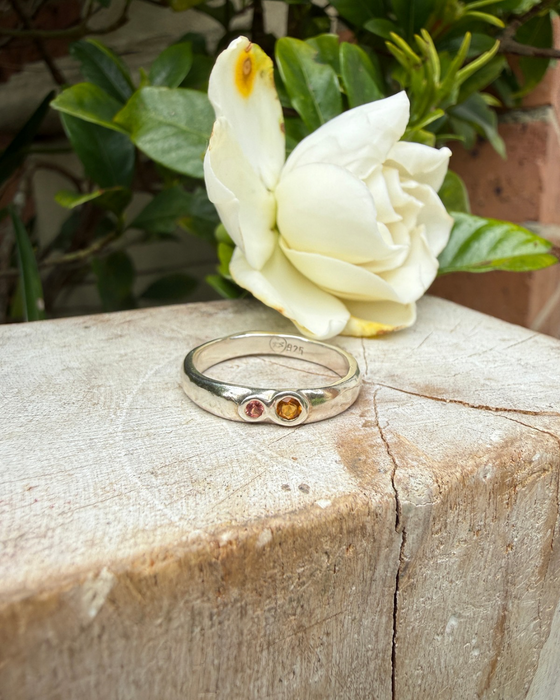 Treasure Ring - Organic Sterling Silver Band Set with Citrine and Rhodolite Garnet