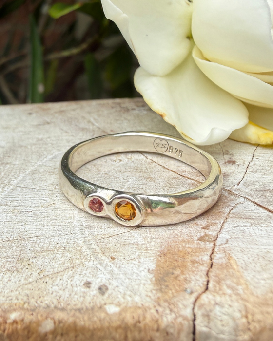 Treasure Ring - Organic Sterling Silver Band Set with Citrine and Rhodolite Garnet