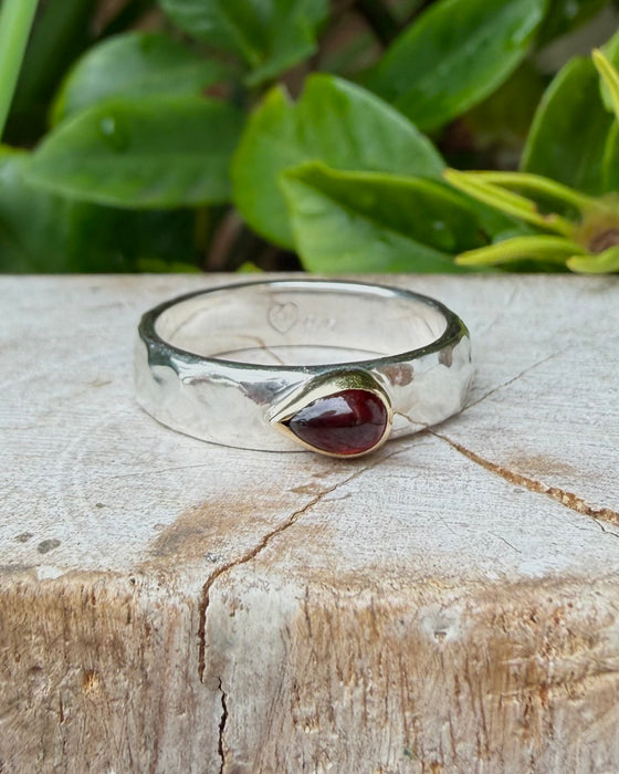 Hammered silver ring with Red Garnet set in 9ct yellow gold - Reserved
