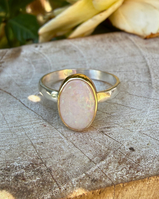 Oval Australian Opal Ring with Sterling Silver & 9ct Gold