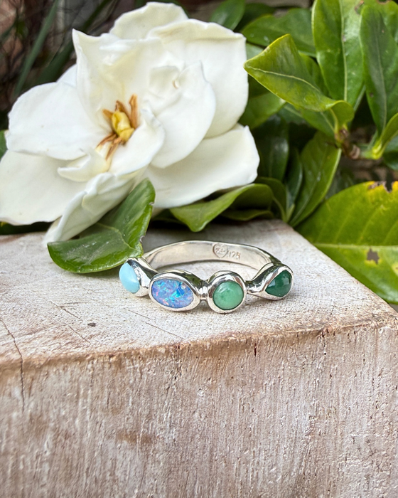 Acrostic ‘LOVE’ Ring – Larimar, Opal, Variscite & Emerald
