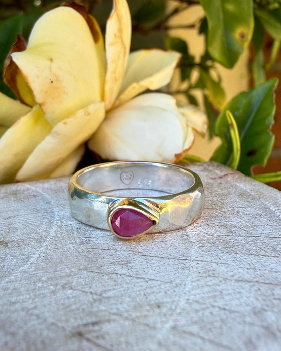Tear Shaped Rose Cut Pink Ruby set in 9ct Gold - Sterling Silver Band