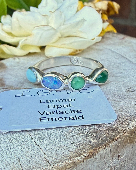Acrostic ‘LOVE’ Ring – Larimar, Opal, Variscite & Emerald