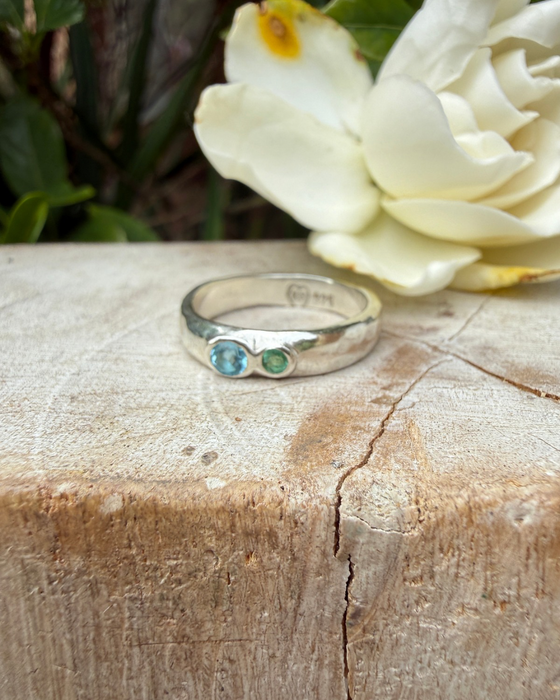 Treasure Ring - Organic Sterling Silver Band Set with Topaz and Emerald