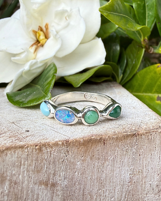 Acrostic ‘LOVE’ Ring – Larimar, Opal, Variscite & Emerald