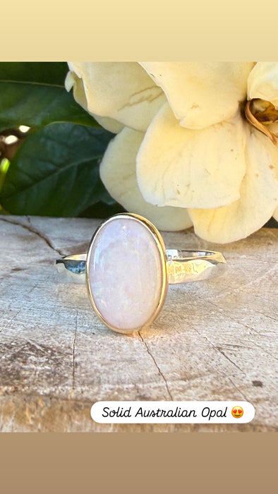 Oval Australian Opal Ring with Sterling Silver & 9ct Gold