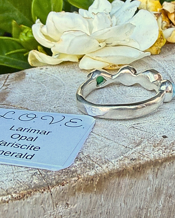 Acrostic ‘LOVE’ Ring – Larimar, Opal, Variscite & Emerald