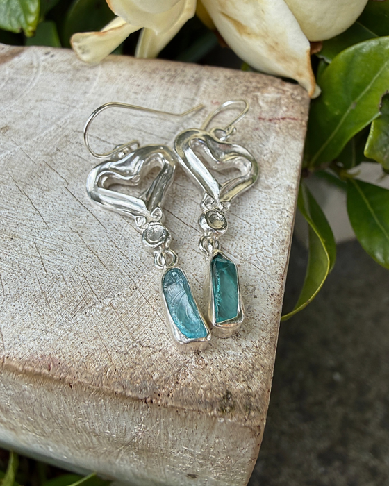 Heart Earrings with Raw Blue Apatite - Sterling Silver Heart Earrings