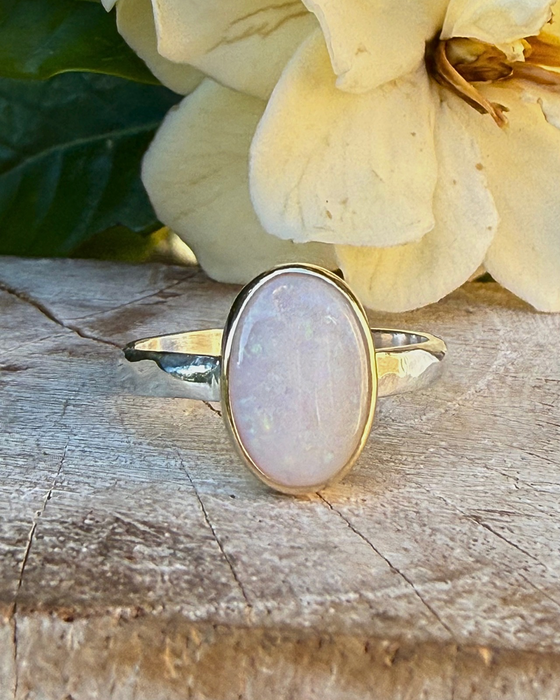 Oval Australian Opal Ring with Sterling Silver & 9ct Gold
