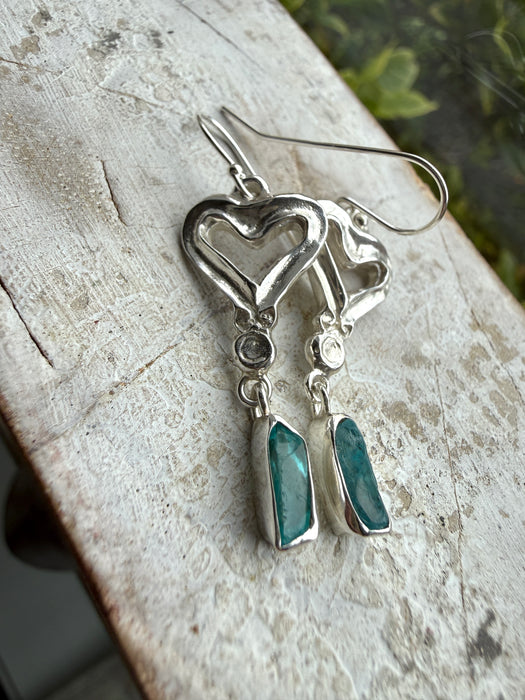 Heart Earrings with Raw Blue Apatite - Sterling Silver Heart Earrings