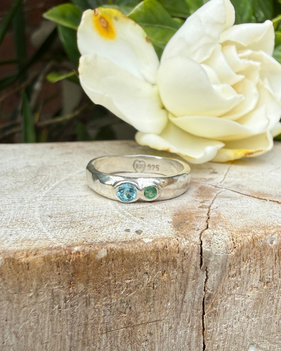 Treasure Ring - Organic Sterling Silver Band Set with Topaz and Emerald