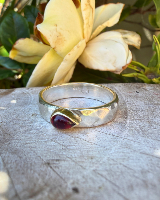 Tear Shaped Red Garnet set in 9ct Gold - Sterling Silver Band
