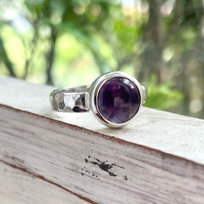 Amethyst Ring with  Hammered Sterling Silver Band