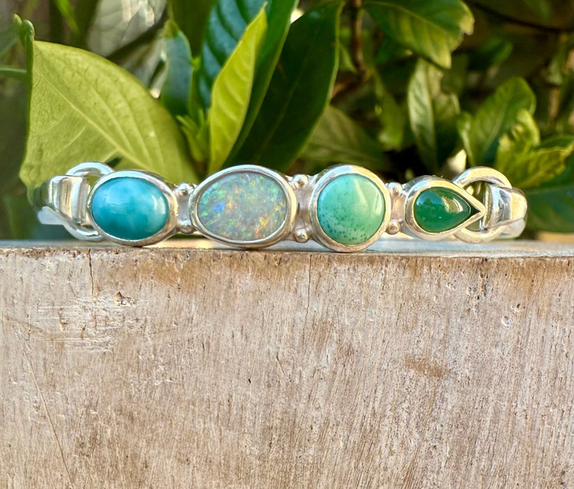 Acrostic ‘LOVE’ Clasp Bracelet – Larimar, Opal, Variscite & Emerald Gemstone Jewellery - Kathy Sayce Jewellery