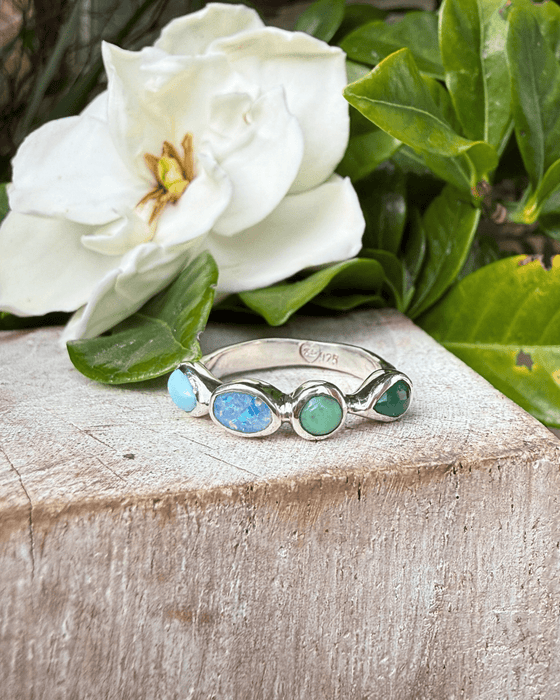 Acrostic ‘LOVE’ Ring – Larimar, Opal, Variscite & Emerald - Kathy Sayce Jewellery