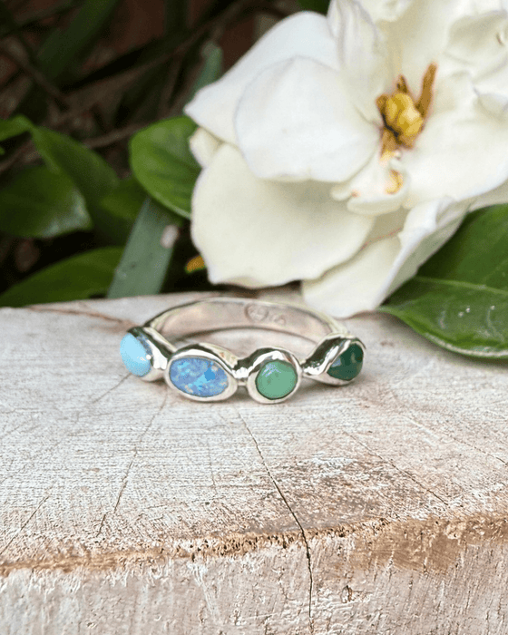 Acrostic ‘LOVE’ Ring – Larimar, Opal, Variscite & Emerald - Kathy Sayce Jewellery