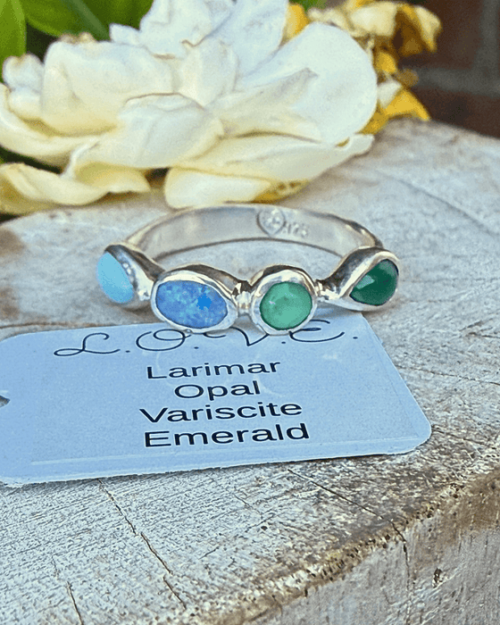 Acrostic ‘LOVE’ Ring – Larimar, Opal, Variscite & Emerald - Kathy Sayce Jewellery