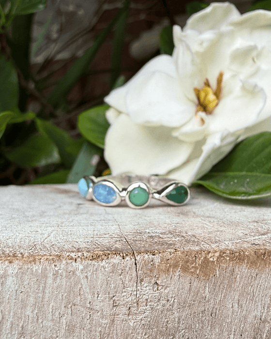 Acrostic ‘LOVE’ Ring – Larimar, Opal, Variscite & Emerald - Kathy Sayce Jewellery