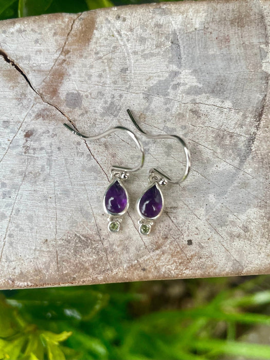 Amethyst and Peridot Drop Earrings – Dainty Sterling Silver Gemstone Earrings - Kathy Sayce Jewellery