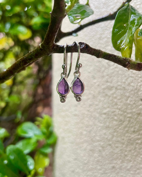 Amethyst and Peridot Drop Earrings – Dainty Sterling Silver Gemstone Earrings - Kathy Sayce Jewellery