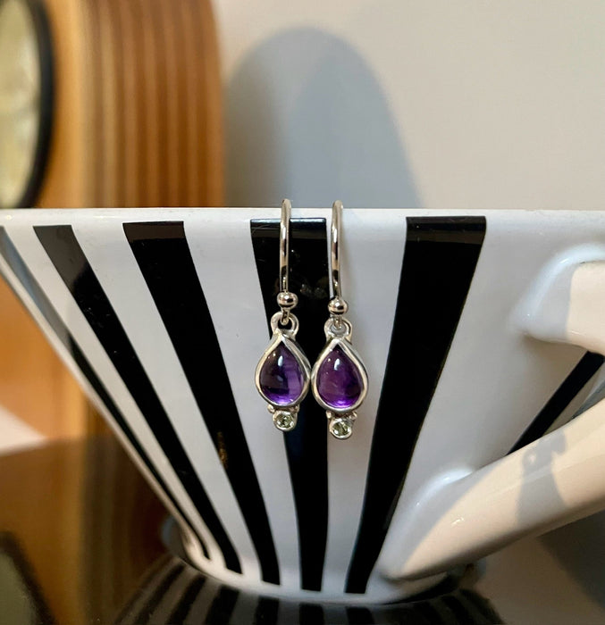 Amethyst and Peridot Drop Earrings – Dainty Sterling Silver Gemstone Earrings - Kathy Sayce Jewellery