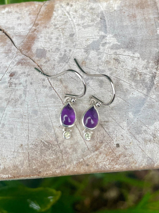Amethyst and Peridot Drop Earrings – Dainty Sterling Silver Gemstone Earrings - Kathy Sayce Jewellery