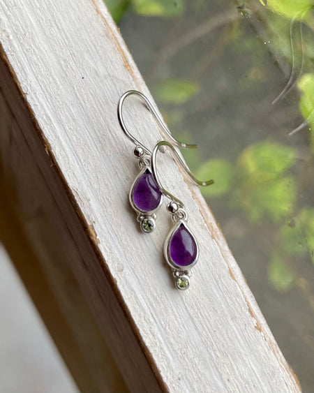 Amethyst and Peridot Drop Earrings – Dainty Sterling Silver Gemstone Earrings - Kathy Sayce Jewellery