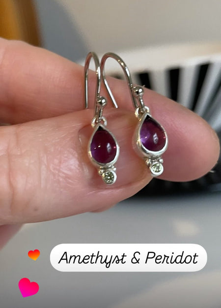Amethyst and Peridot Drop Earrings – Dainty Sterling Silver Gemstone Earrings - Kathy Sayce Jewellery