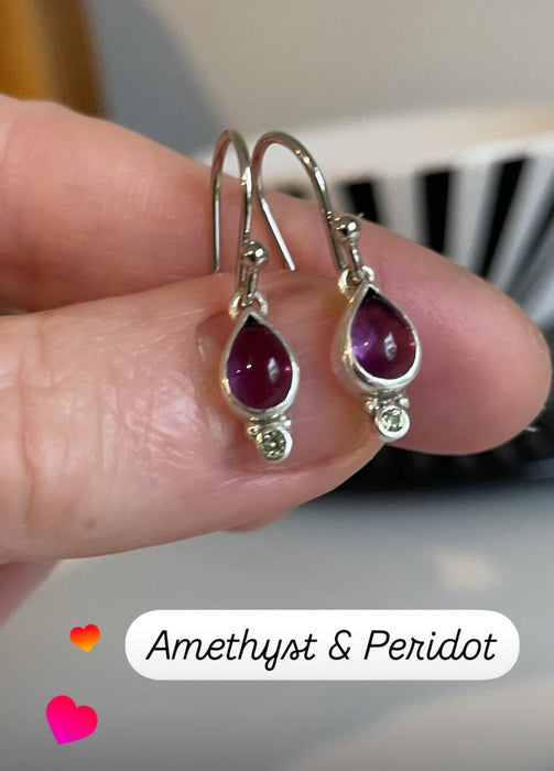 Amethyst and Peridot Drop Earrings – Dainty Sterling Silver Gemstone Earrings - Kathy Sayce Jewellery
