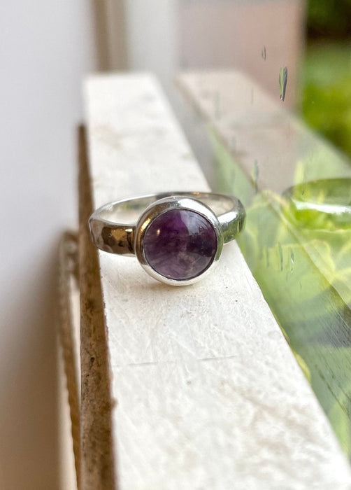 Amethyst Ring with Hammered Sterling Silver Band - Kathy Sayce Jewellery