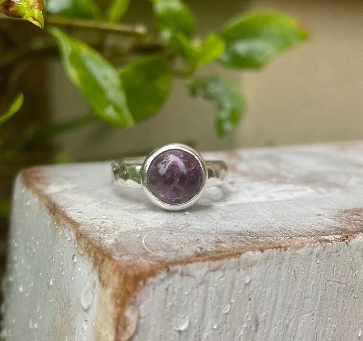 Amethyst Ring with Hammered Sterling Silver Band - Kathy Sayce Jewellery