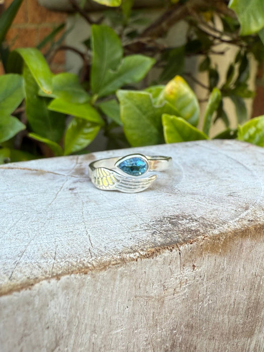 Angel Wing Ring with Blue Topaz - Natural Gemstone Jewellery in Sterling Silver - Kathy Sayce Jewellery