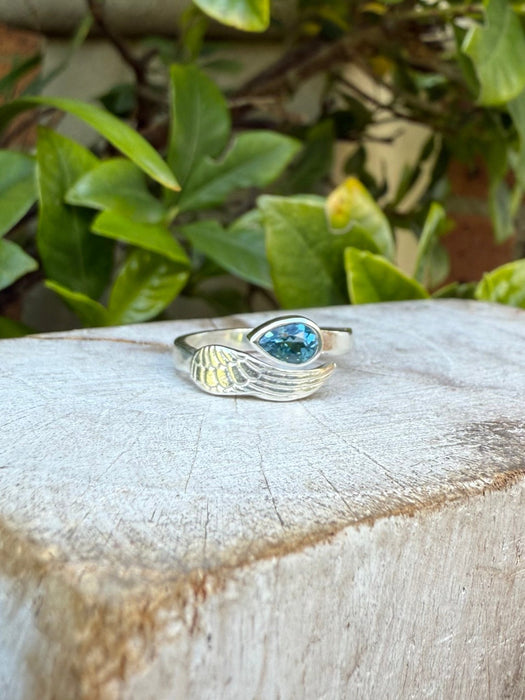 Angel Wing Ring with Blue Topaz - Natural Gemstone Jewellery in Sterling Silver - Kathy Sayce Jewellery