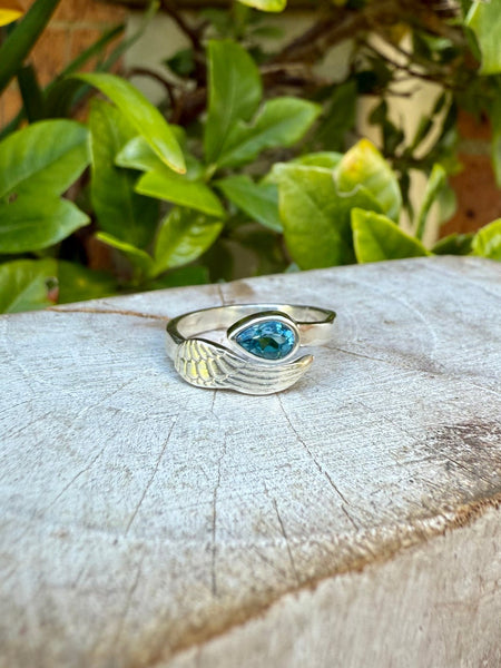 Angel Wing Ring with Blue Topaz - Natural Gemstone Jewellery in Sterling Silver - Kathy Sayce Jewellery
