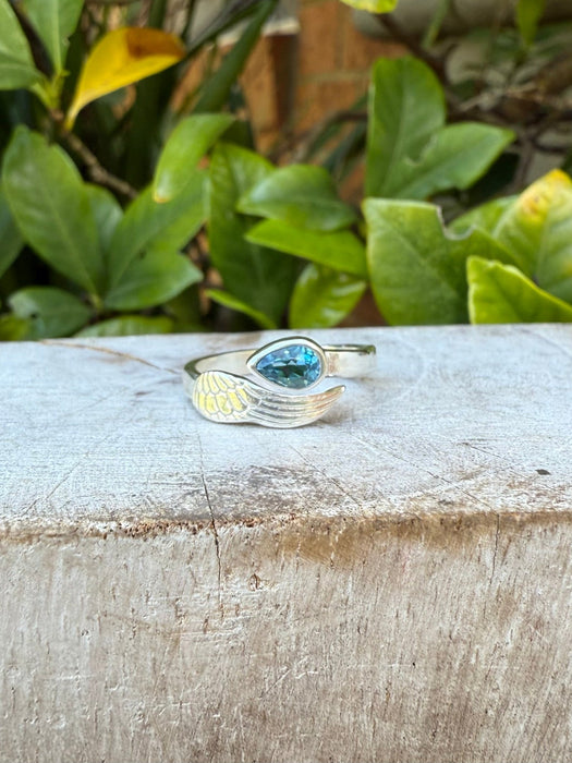 Angel Wing Ring with Blue Topaz - Natural Gemstone Jewellery in Sterling Silver - Kathy Sayce Jewellery
