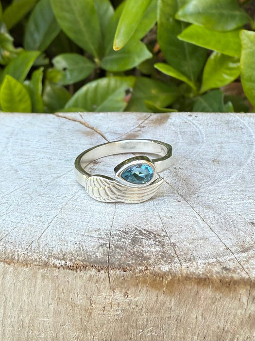 Angel Wing Ring with Blue Topaz - Natural Gemstone Jewellery in Sterling Silver - Kathy Sayce Jewellery