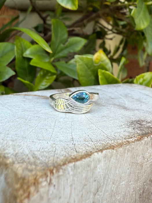Angel Wing Ring with Blue Topaz - Natural Gemstone Jewellery in Sterling Silver - Kathy Sayce Jewellery