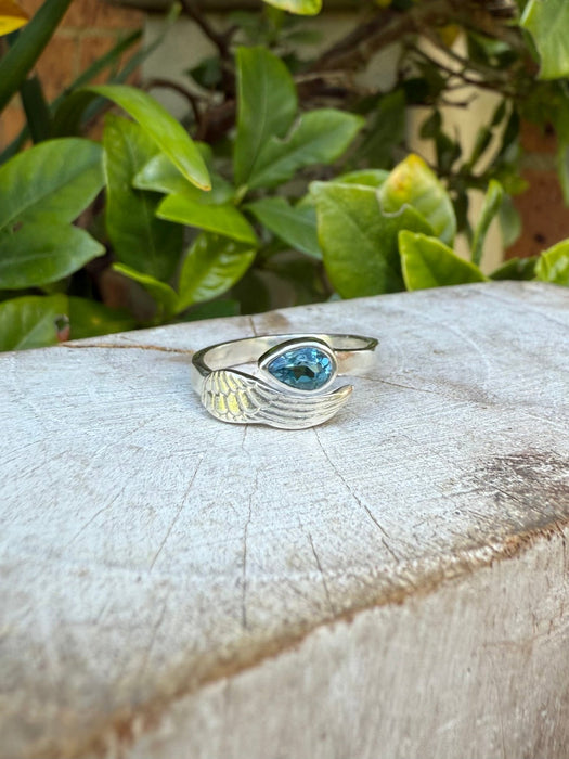 Angel Wing Ring with Blue Topaz - Natural Gemstone Jewellery in Sterling Silver - Kathy Sayce Jewellery