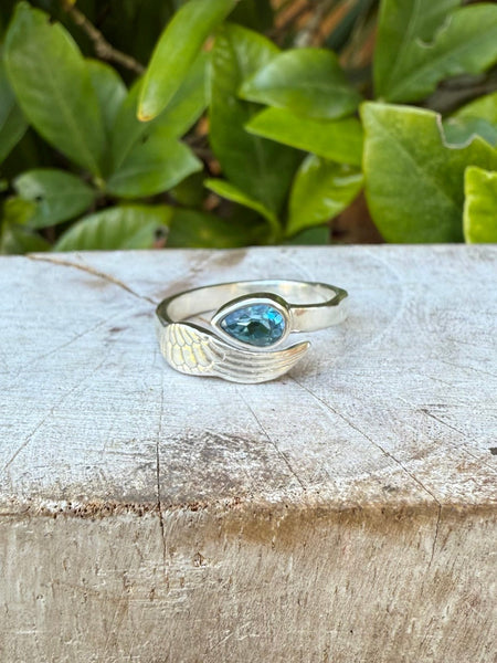 Angel Wing Ring with Blue Topaz - Natural Gemstone Jewellery in Sterling Silver - Kathy Sayce Jewellery