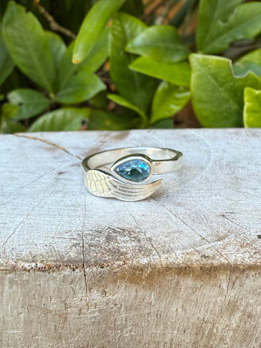 Angel Wing Ring with Blue Topaz - Natural Gemstone Jewellery in Sterling Silver - Kathy Sayce Jewellery