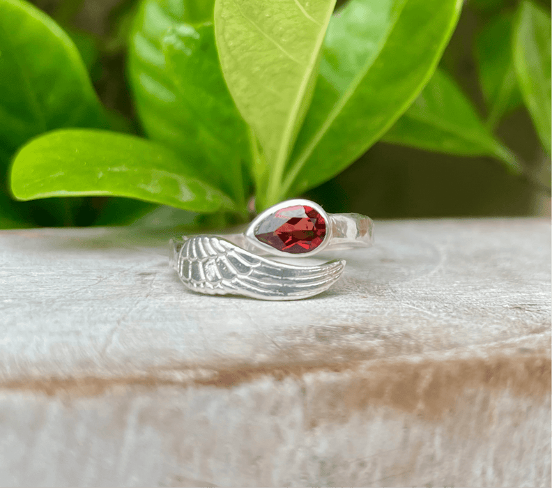Angel Wing Ring with Garnet - Natural Gemstone Jewellery in Sterling Silver - Kathy Sayce Jewellery